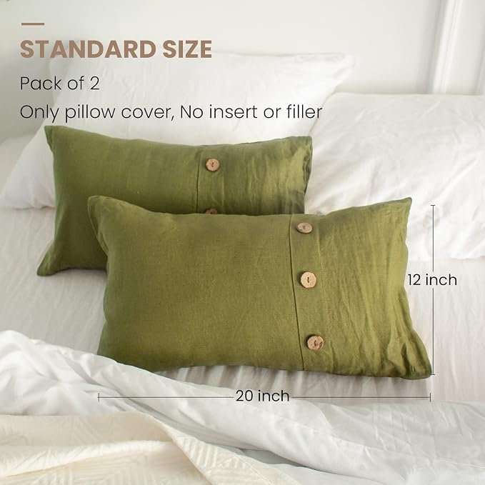 Simple&Opulence 100% Linen Lumbar Pillow Cover 12 x 20 Inch Set of 2 Rectangular Decorative Pillow Cover with Vintage Triple Coconut Button for Couch Sofa Bed Living Room Office Décor - Olive Green