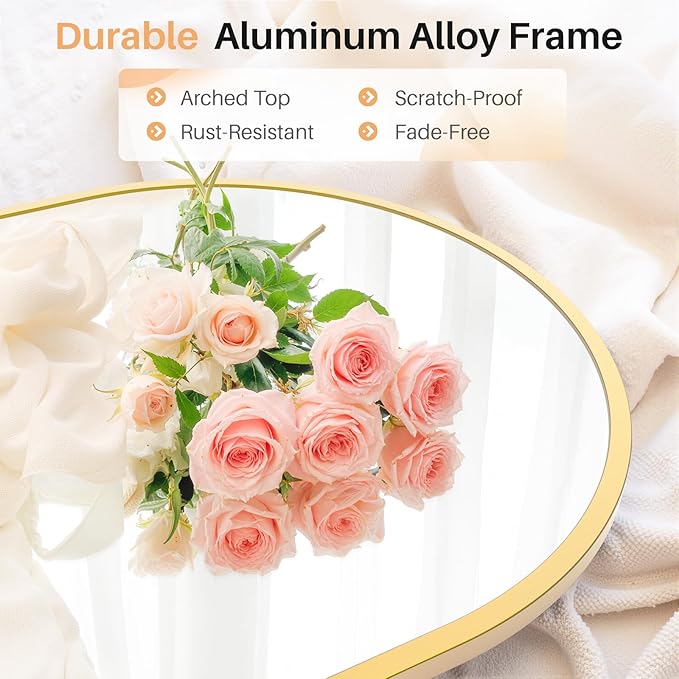 Bathroom Mirror for Wall, 38x26 Inch Arched Mirror, Matte Gold Metal Framed Bathroom Vanity Mirrors for Restroom Farmhouse, Anti-Rust, Tempered Glass, Hanging or Leaning