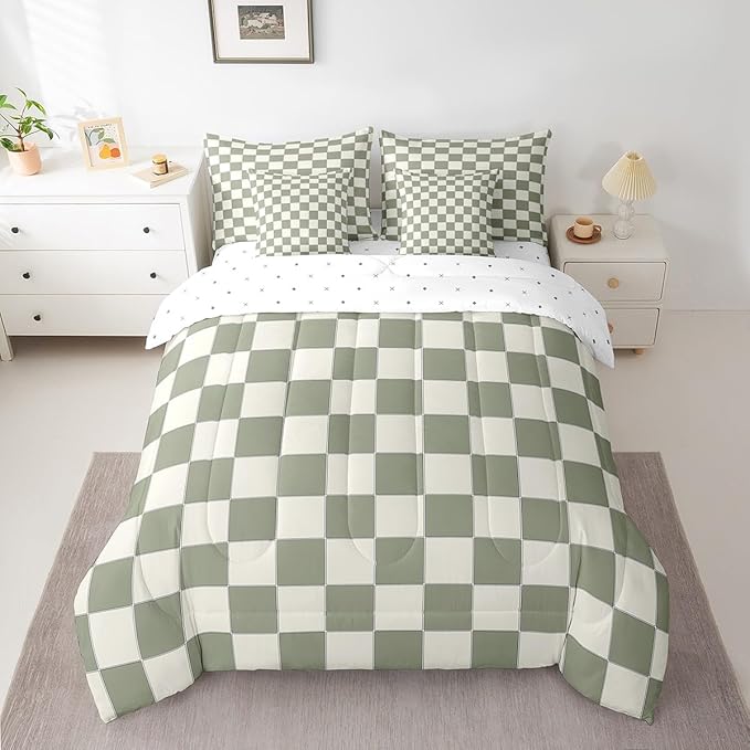 Erosebridal Plaid Twin Comforter Set 7 Piece Beige Sage Green Checkerboard Bed in A Bag with Sheets Geometric Checkered Bedding Set for Kids Boys Girls,Aesthetic Grid Bed Set