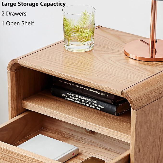 Solid Wood Nightstand Set of 2, Mid Century Modern Nightstands, Small Nightstand with 2 Drawers and Open Storage, Small Bedside Table for Bedroom, Living Room, Dormitory(Natural Wood Color)