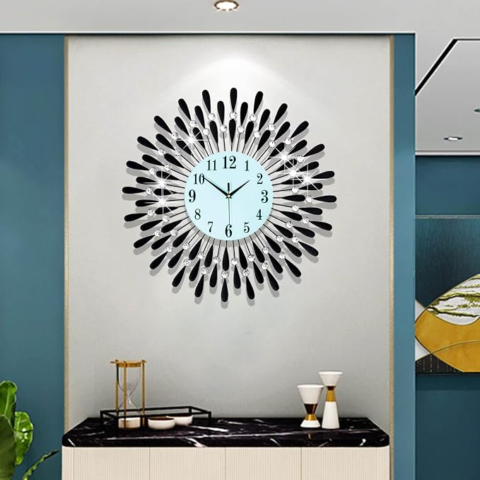 24 INCH Large Wall Clock for Living Room Decor,Non-Ticking Quiet Metal Petals Dial Glass Big Wall Clocks Black for Bedroom,bedrooms Kitchen and Small Space Decoration