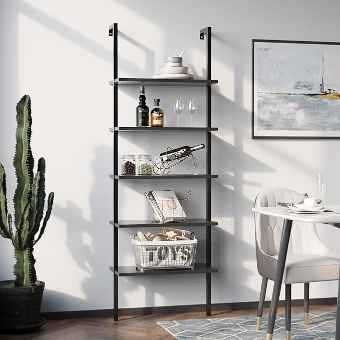 Furmax 5-Tier Bookshelf, Wall Mount Ladder Shelf with Wood Board and Industrial Metal Frame, for Home Office, Living Room, Bedroom, Entryway and Hallway, (1, Black)