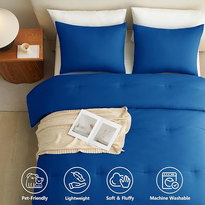 CozyLux Full Size Comforter Set Classic Blue, 3 Pieces Lightweight Down Alternative Quilted Bedding Sets, All Season Soft Breathable Solid Comforter with 2 Pillowcases, Luxury Bed Set Gift for Home
