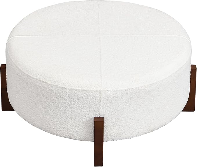 Christopher Knight Home Holmes Modern Boulce Upholstered Ottoman Coffee Table, Wooden Round Cocktail Ottoman, Large Living Room Sofa Footstool/Footrest, White+Walnut