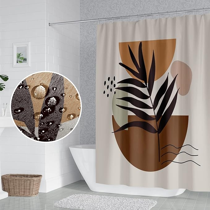 Mid Century Brown Boho Shower Curtain 60x72 Inch Abstract Semicircle Geometric Plant Leaves Sun Modern Minimalist Shower Curtain for Bathroom with Hooks Waterproof Polyester Fabric