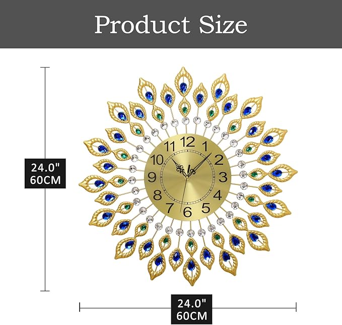 24.0 Inch Gold Large Wall Clocks for Living Room Decor,Elegant 3D Modern Wall Clock with Dial Arabic Numberals Non-Ticking Silent Big Wall Clocks,Diamond Round Home Decoration Kitchen Clocks