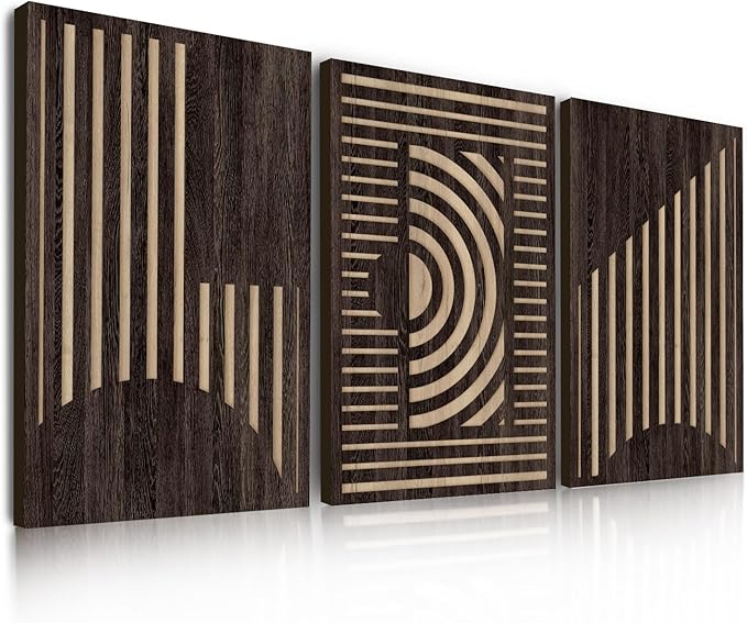 Abstract Geometric Wall Art Vintage Rectangle Wood Grain Effect Prints Pictures Wall Decor 3 Pcs, Rustic Mid Century Brown Minimalist Geometric Paintings Artwork for Home Bedroom Living Room 12x16"
