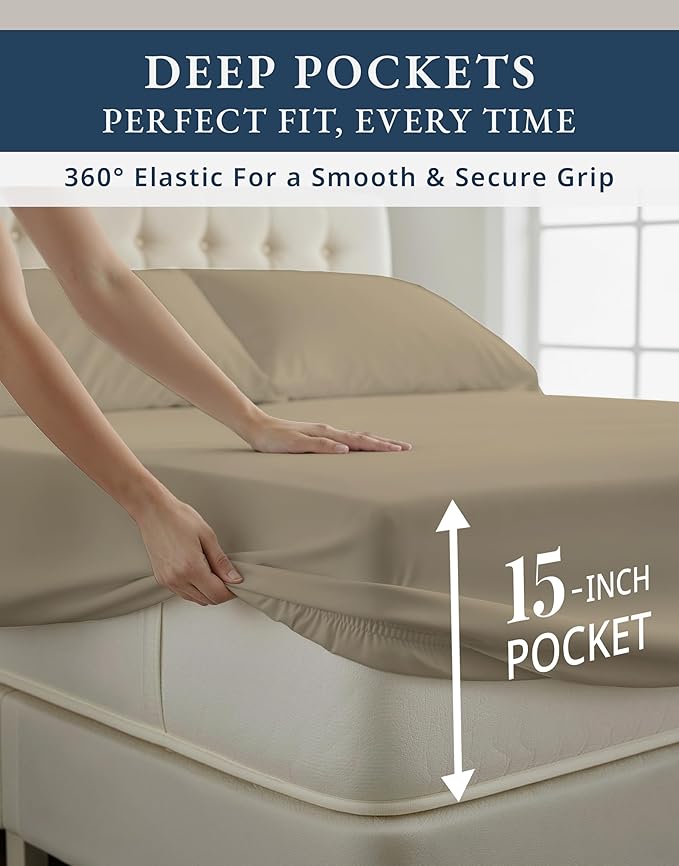 LANE LINEN 100% Egyptian Cotton Bed Sheets Twin Size, 15 inch Extra Deep Pocket Twin Sheets, Naturally Temperature Regulating Cooling NO Pill Fade Resistant Cotton Sheets Twin - Linen