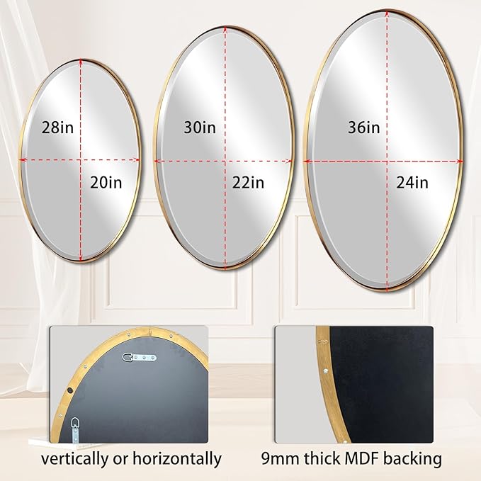 POZINO Vanity Beveled Mirrors, 22"x30" Oval Mirror for Over Sink, Modern Brass Mirror with Stainless Steel Frame, Brush Gold Rounded Mirrors for Bathroom Bedroom Living Room, Horizontal Or Vertical ﻿