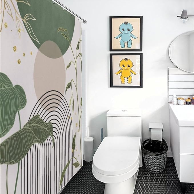 Boho Sage Green Shower Curtain，Mid Century Abstract Tropical Plant Minimalist Modern Geometric Palm Leaf Arch Waterproof Fabric Bathroom Shower Curtain Set with Hooks,72x78Inch