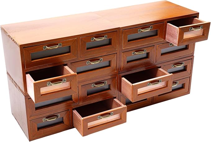 Vintage Wooden Drawers Organizer, 16-Drawer Desktop Storage Box With Drawers, Iron Label Holders, Apothecary Cabinet For Countertop Tea Coffee Pod Storage(16-Drawer/Brown2)