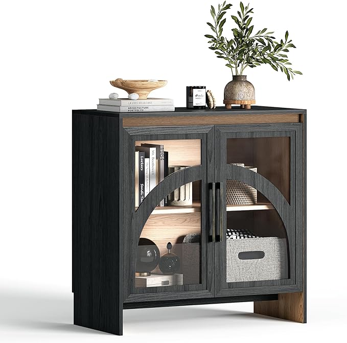 Accent Cabinet with Arched Glass Doors, 31.5” Modern Sideboard Buffet Cabinet with Adjustable Shelves, Storage Cabinet for Living Room, Entryway, Dining Room, Coffee Bar, Black & Oak