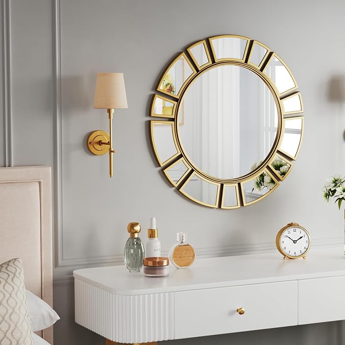 CozyDH Gold Sunburst Mirror Decor - 24 inch Round Wall Mirror Decorative with Metal Frame Modern Bohemian Sun Art Decor Mirror for Entryway Bedroom Living Room Hallway Bathroom Dining Room Fireplace