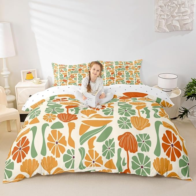 Erosebridal Mid Century Modern Toddler Comforter Cover Abstract Geometric Boho Floral Bedding Set Cute Yellow And Green Plants Patchwork Duvet Cover For Kids Adults,Vintage Aesthetic Geometric Bed Set