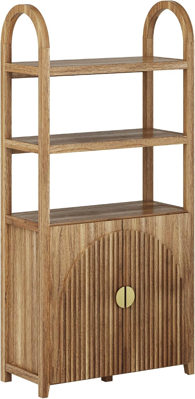 BELLEZE Book Shelf 72" Tall Arched Bookcase with Storage, 5 Tier Mid Century Modern Fluted Bookshelf with Doors, Modular Bookshelves for Living Room Office Library (Caramel Brown)