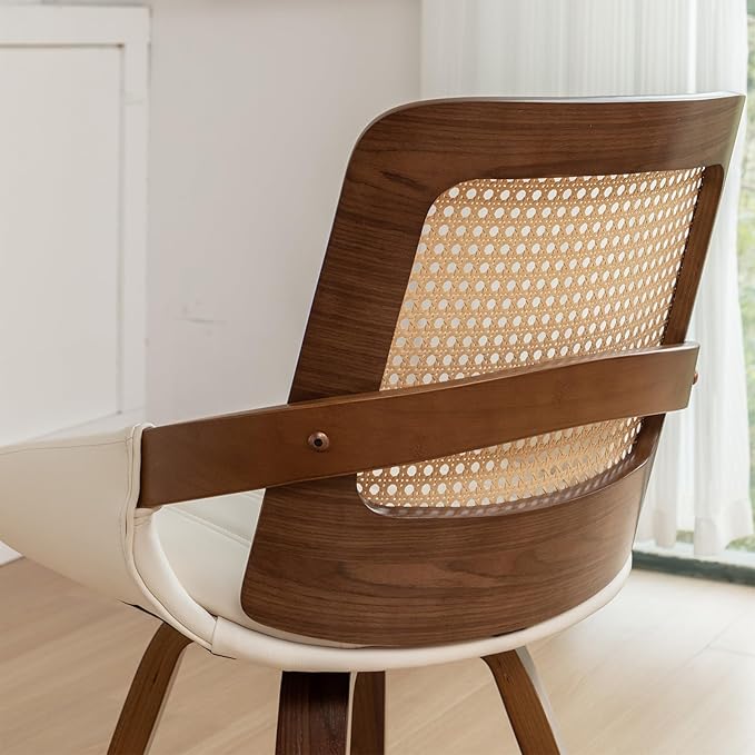Set of 4 Swivel Rattan Dining Chairs - Walnut Dining Chairs with Bentwood Frame with Ergonomic Cane Back, Curved Arms, MCM DiningChairs for Kitchen/Conference/Restaurant/Living Room (Walnut Beige)