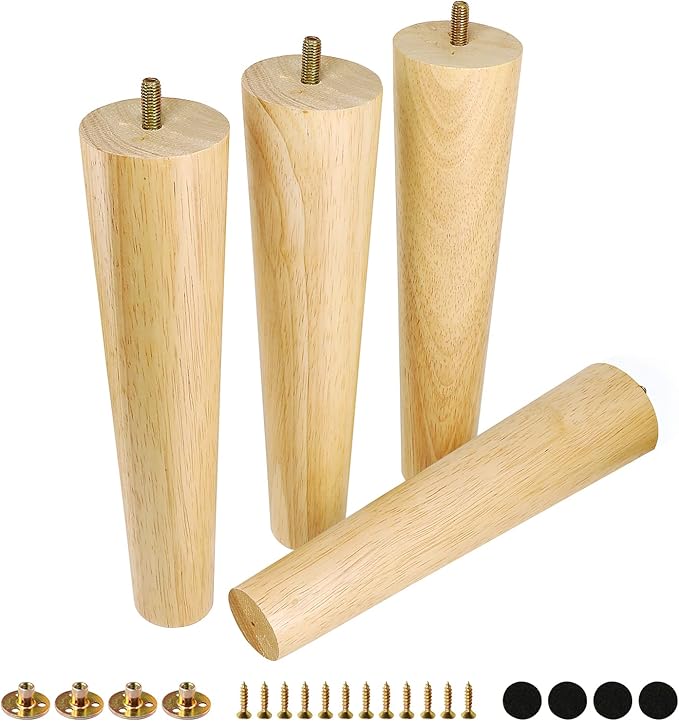 FoDau770 Rubber Wood Furniture Legs 10 Inches, Straight Tapered Wood Feet Mid Century Sofa Legs Set of 4, 5/16" UNC Furniture Feet Replacement Parts for Cabinet Couch Dresser Chair Ottoman Table