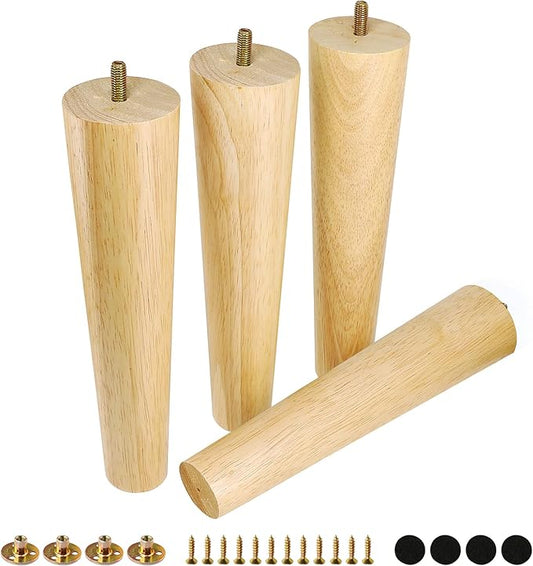 FoDau770 Rubber Wood Furniture Legs 10 Inches, Straight Tapered Wood Feet Mid Century Sofa Legs Set of 4, 5/16" UNC Furniture Feet Replacement Parts for Cabinet Couch Dresser Chair Ottoman Table