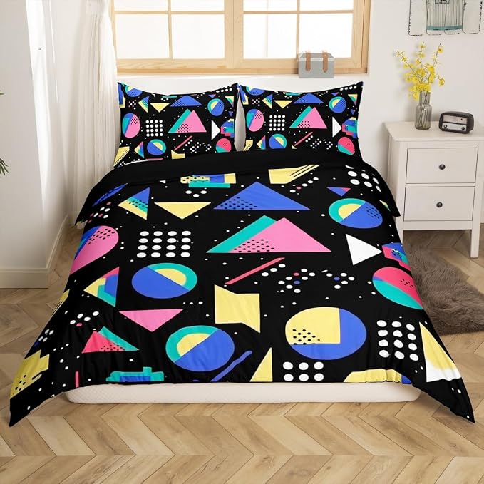 Memphis Geometric Pattern Comforter Cover Set King Size,Retro Style Round Half Moon Triangle Shapes Artwork Duvet Cover Colorful Graphic 80s 90S Style Bedding Set Abstract 1990S Memphis Home Decor