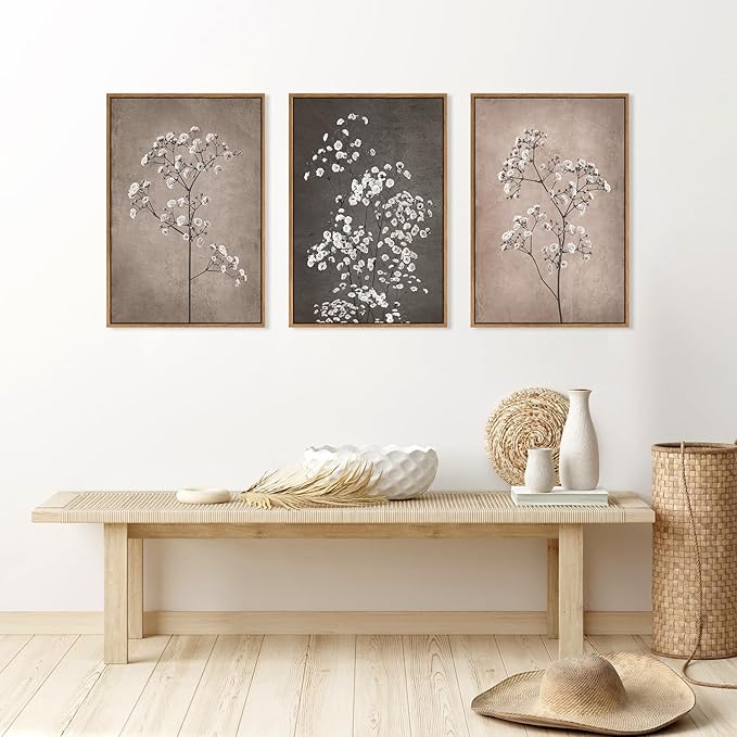 FWIEXA 3 Piece Neutral Canvas Wall Art for Bedroom Living Room, Framed 16x24 Inches Botanical Prints Set, Minimalist Wildflower Wall Decor, Large Modern Plant Painting