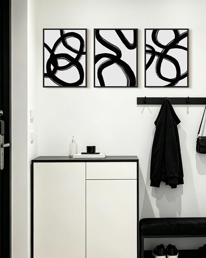 KUVIOKE Black and Grey Abstract Framed Wall Art Minimalist Ink Wash Lines Painting Artwork for Bedroom Hallway 11x14in (Black Framed)