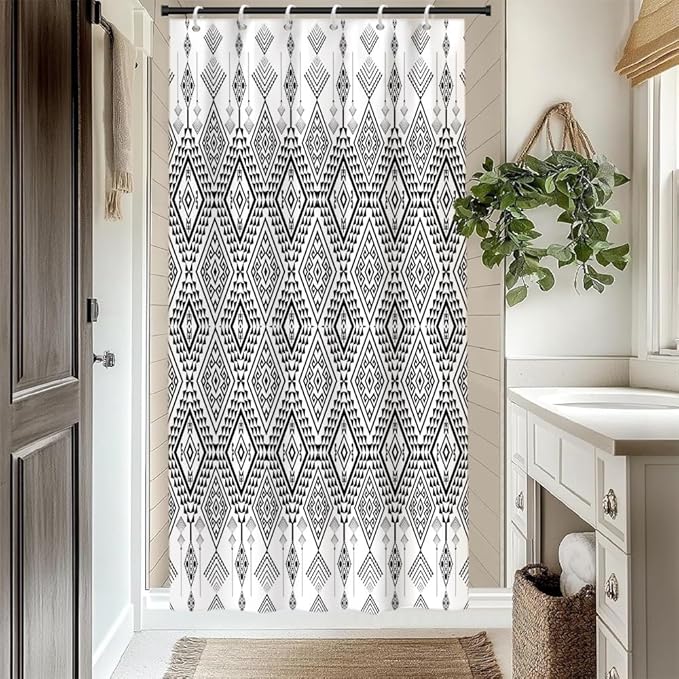 Bohemian Shower Curtain for Bathroom Black and White Geometric Pattern Shower Curtains Modern Abstract Minimalist Bathroom Decor Set Washable Waterproof Polyester Fabric with Hooks 48x72 Inch