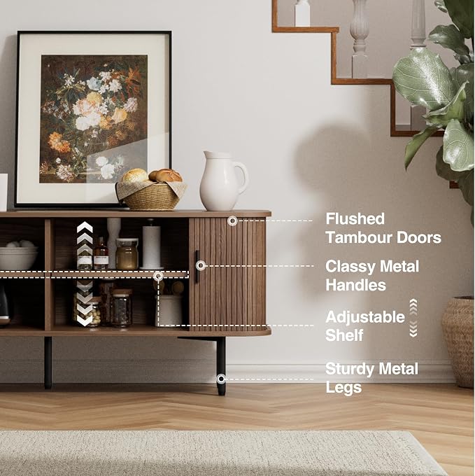 55''W Walnut Cabinet with Storage, Media Console, Tambour TV Stand, Television Stands with Curvy Edge; Sliding Door, Fluted Cabinet, Buffet Sideboard, Credenza, Table Stand for Living Room, Kitchen