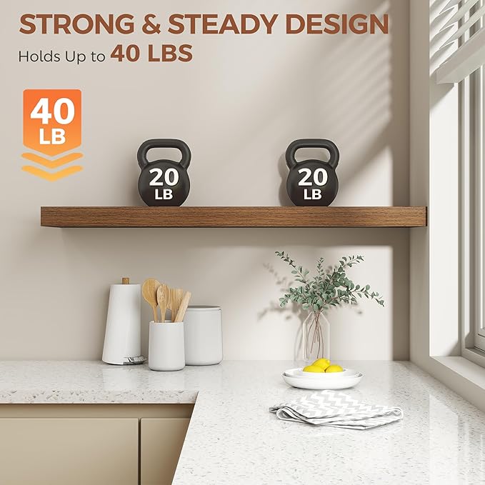 Dreamland 40 Inch Floating Shelves for Wall,8 Inch Deep Floating Shelves,40" W x 8" D Wall Shelves for Bedroom,Living Room, Kitchen,Bathroom,Walnut,Set of 2