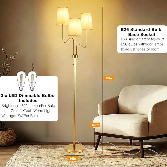 9MMML Farmhouse Gold Dimmable Floor Lamp, Rustic 3-Light Floor Lamp with Fabric Shade, 68'' Tall Floor Standing Lamp for Living Room, Bedroom, 3 x E26 LED Bulb Included