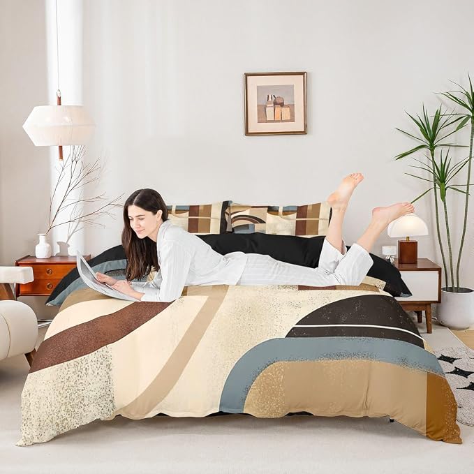 Geometric Striped Circle Duvet Cover Set Twin Size,Abstract Graffiti Retro Art Bedding Set,Boys Girls Room Decor,Minimalist Aesthetic Chic Comforter Cover,Brown Quilt Cover,1 Pillowcase(No Filler)