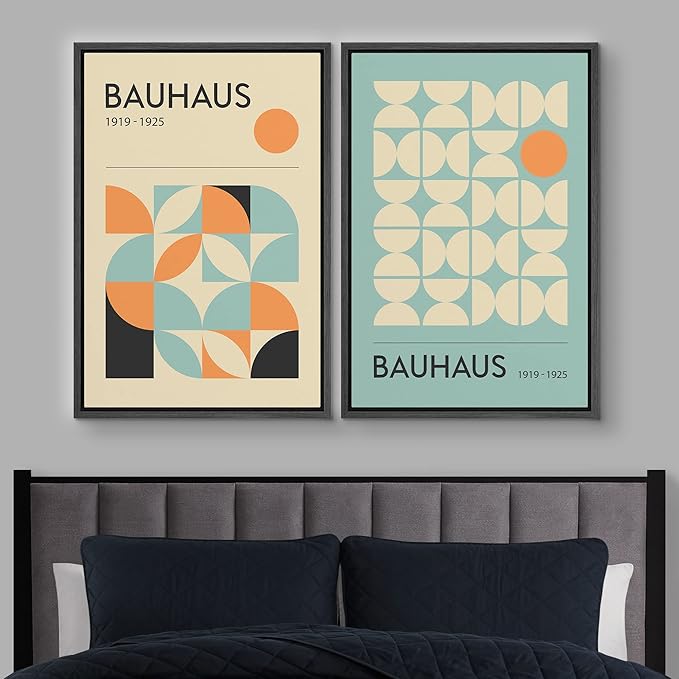 IDEA4WALL Framed Canvas Print Wall Art Set Bauhaus Geometric Blue Orange Polygon Collage Abstract Shapes Illustrations Modern Art Decorative for Living Room, Bedroom, Office - 24"x36"x2 Black