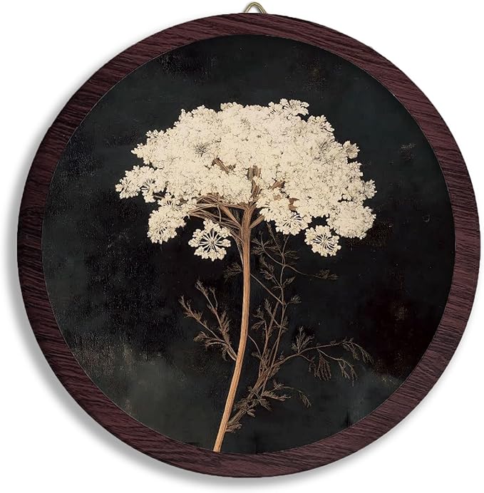 TFKFJLF Vintage White Flowers Wall Hanging Prints Frame, Dark Rustic Round Wooden Prints, Cottagecore Botanical Flower Wooden Walls for Home Bedroom Living Room Decor, 10x10 Inch