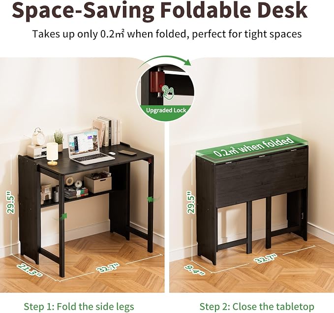 Bamboo Foldable Desk, Folding Desks for Small Spaces, Mid Century Small Computer Desk with Bookshelf for Bedroom Home Office, Black