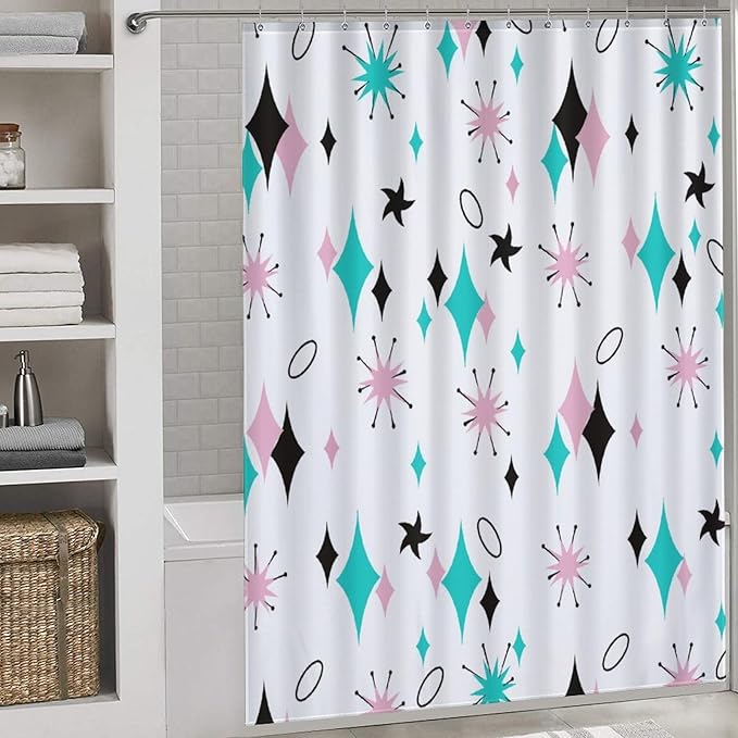 Mid Century Modern Shower Curtain for Bathroom, Rustic Pink Teal Atomic Iconic Abstract Geometric Retro 1950s 1960s Vintage Waterproof Fabric Shower Curtain Set with Hooks, 72"x72"