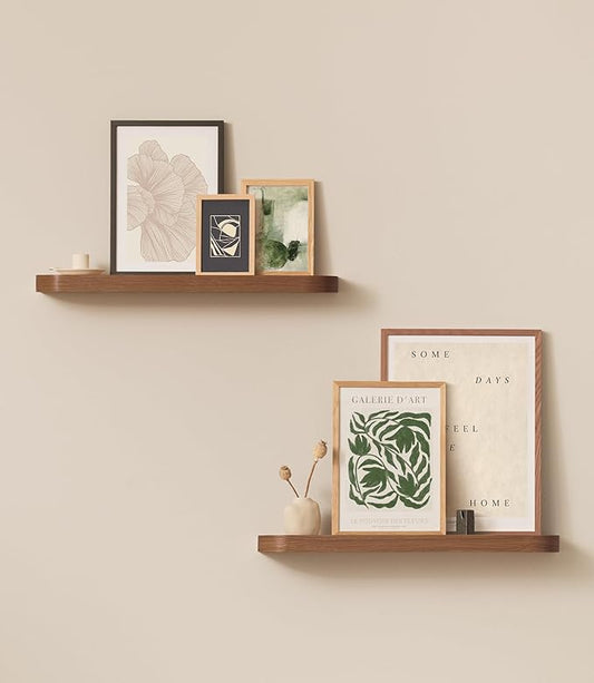 Kazai.® 23.6 inches Floating Shelves for Wall 'Toke' | Set of 2 Small Mounted Wooden Shelf Units | Modern Wall Decor & Storage for Living Room, Bathroom, Kitchen, Bedroom & More | Walnut