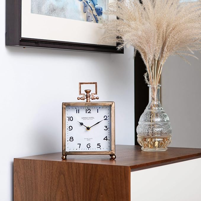 NIKKY HOME Metal Table Clock, Silent Non-Ticking Classic Battery Operated Decorative Mantel Desk Shelf Clock for Living Room Decor - Rose Gold