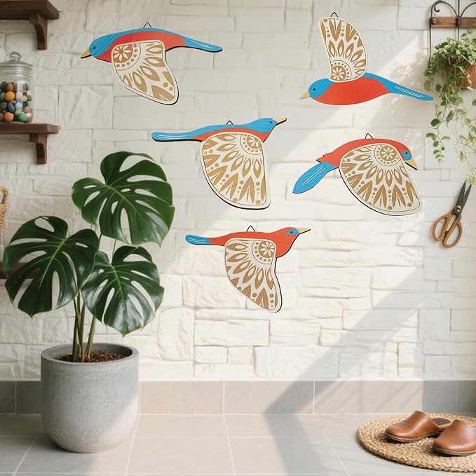 EMINGSKY 5 Pcs Wooden Bird Wall Art Wood Flying Birds Wall Decor Boho Rustic Folk Art Home Decor for Gift Living Room Bedroom Kitchen Office (Teal)