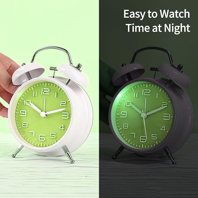 pxy Loud Alarm Clock for Heavy Sleepers 3D Dial Battery Operated (Battery Include), 4" Super Silent Analog Alarm Clock for Kids with Night Light PT260 Silver OrangePT505 White Green