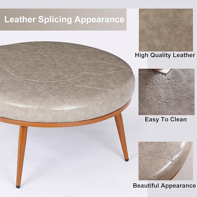 Elegant Round Ottoman Coffee Table - PU Leather Fabric, Metal Frame, Thick Cushioned Tabletop for Living Room, Therapy Room, or Style Lovers - Perfect as Coffee Table, Footstool, or Chair-Grey