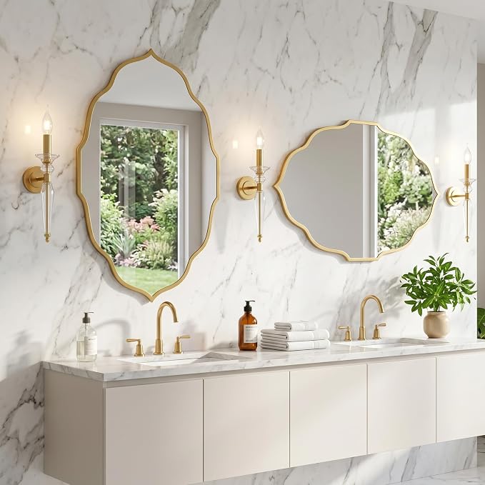 PERFNIQUE Gold Scalloped Wall Mirror, 32''×20'' Wavy Oval Mirror for Bathroom, Large Decorative Mirror for Entryway, Bedroom & Living Room, Hanging or Leaning