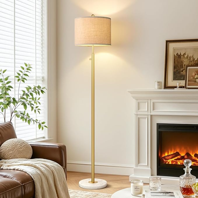 【Upgraded】 Dimmable Floor Lamp for Living Room, 11W LED Bulb Included, Modern Standing Lamp with Marble Base, Tall Pole Light with Linen Shade for Bedroom Reading Office Corner Nursery-Brass Gold