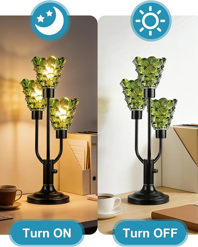 Lightdot Vintage Mid Century Modern Table Lamp Dimmable Nightstand Lamp Black Desk Lamp Green Glass 3 Bulbs Included Warmwhite Ambient Bedside Lamp for Living Room Bedroom Home Office Decor Gift