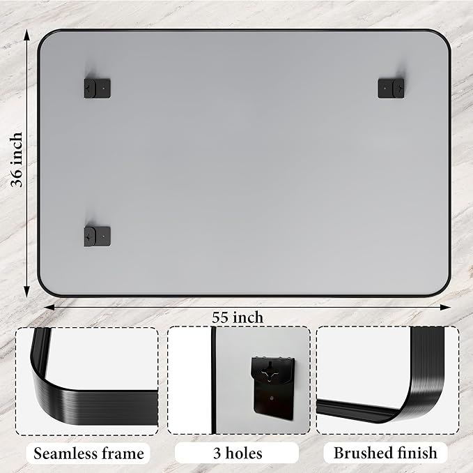 55X36 Inch Black Metal Framed Bathroom Mirror for Wall, Matte Vanity Mirror Farmhouse for Over Sink, Large Rounded Rectangle Mirror, Anti-Rust, Shatter-Proof, Hangs Horizontally or Vertically
