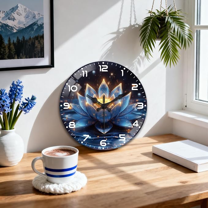 peacoblue Wall Clocks Battery Operated 12 Inch Lotus Glass Round Wall Clock Non Ticking for Kitchen Living Room Dining Room Bedroom and Bathroom Decor Accessories (Battery not Included)