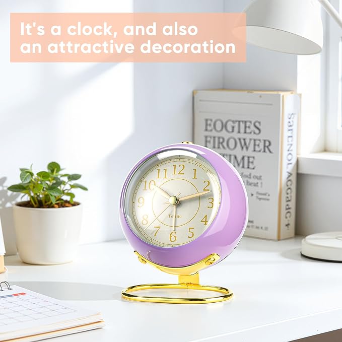 Tetino Analog Alarm Clocks,Retro Backlight Cute Simple Design Small Desk Clock with Night Light,Silent Non-Ticking,Battery Powered,for Kids,Teens,Bedroom,Travel,Kitchen,Bedside Desk Decor. (Purple)