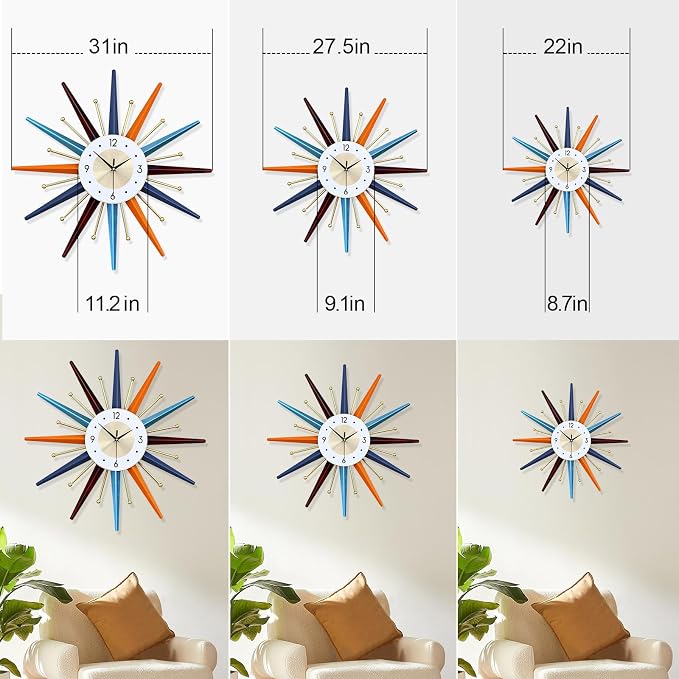 Large Wall Clock 31 Inch Modern Wall Clock Starburst Mid-Century Modern Decor Non-Ticking Battery Operated Colorful Clock Home Decorations for Living Room Bedroom Kitchen Office