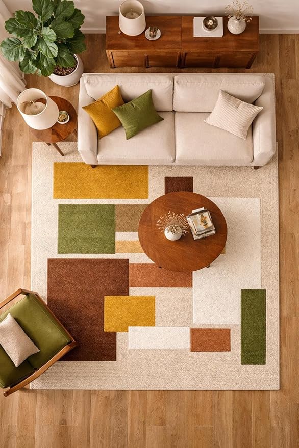Hand Tufted Wool Geometric Rug-Mid-Century Modern Abstract Geometric Wool Earth Tone Green, Mustard & Terracotta Rug - Handmade Tufted Area Rug for Home Decor (7x7 Square Feet)