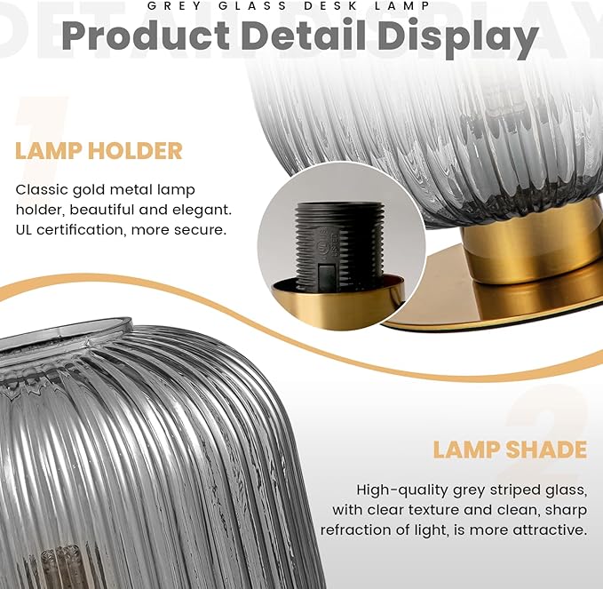 Gray Table Lamps for Bedroom Set of 2, Mid Century Gold Table Lamp with Smoke Glass Shade, Ribbed Desk Lamp Decorative Side Table Lamps for Living Room Office Corner Shelf