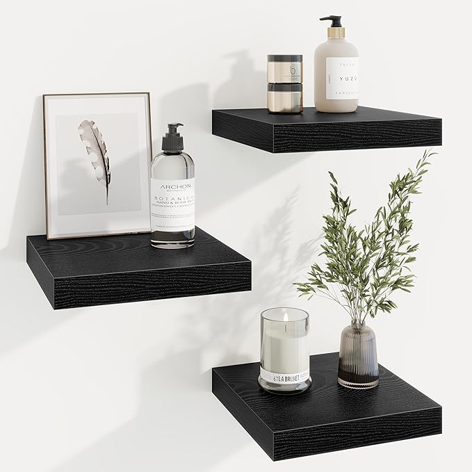 Square Floating Shelves for Wall, 9.25"W x 9.25"D x 1.25"H, 3 Pack Small Wall Mounted Engineered Wood Shelves with Invisible Brackets for Living Room, Bedroom, Bathroom, Kitchen Decor, Black