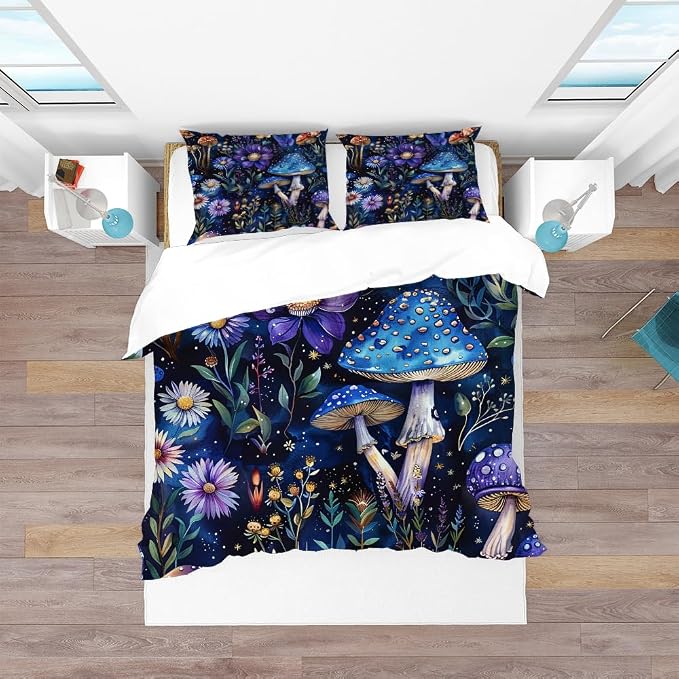 Whimsical Mushroom Duvet Covers Twin Size Dark Botanical Florals Comforter Covers Farmhouse Boho Galaxy Moon Wildflower Botanical Plant Aesthetic Blue Mushroom Comforter Quilt Cover 68"x88"